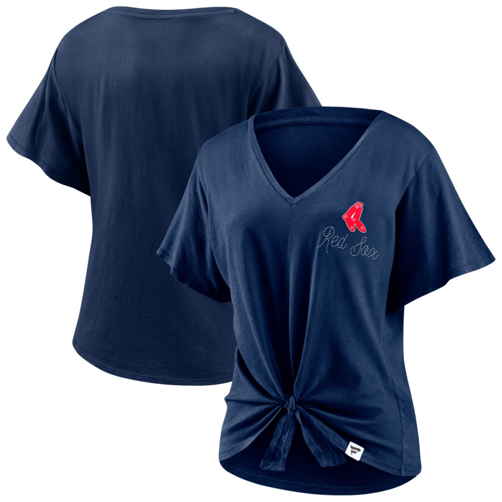 Women's Boston Red Sox  Branded Navy Sport Resort Script Washed Tie Front V-Neck T-Shirt