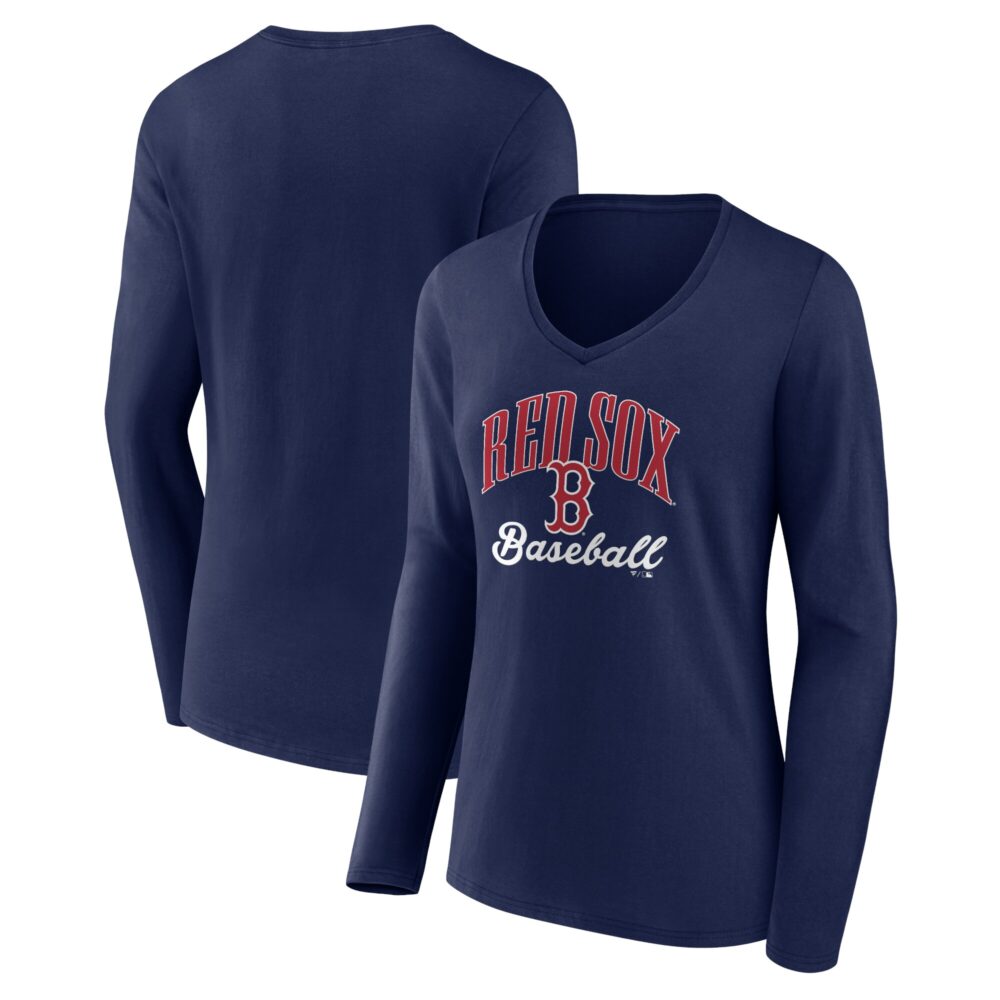Women's Boston Red Sox  Branded Navy Victory Script Long Sleeve V-Neck T-Shirt