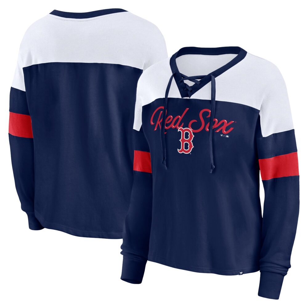 Women's Boston Red Sox  Branded Navy/White Even Match Lace-Up Long Sleeve V-Neck T-Shirt