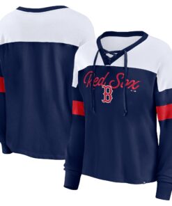 Women's Boston Red Sox  Branded Navy/White Even Match Lace-Up Long Sleeve V-Neck T-Shirt