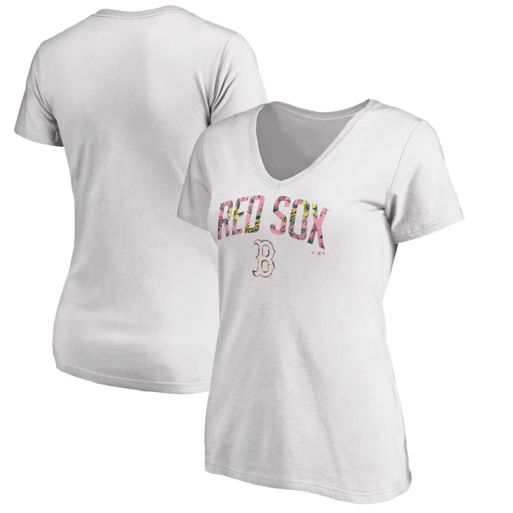 Women's Boston Red Sox  Branded White Floral Arched Logo V-Neck T-Shirt