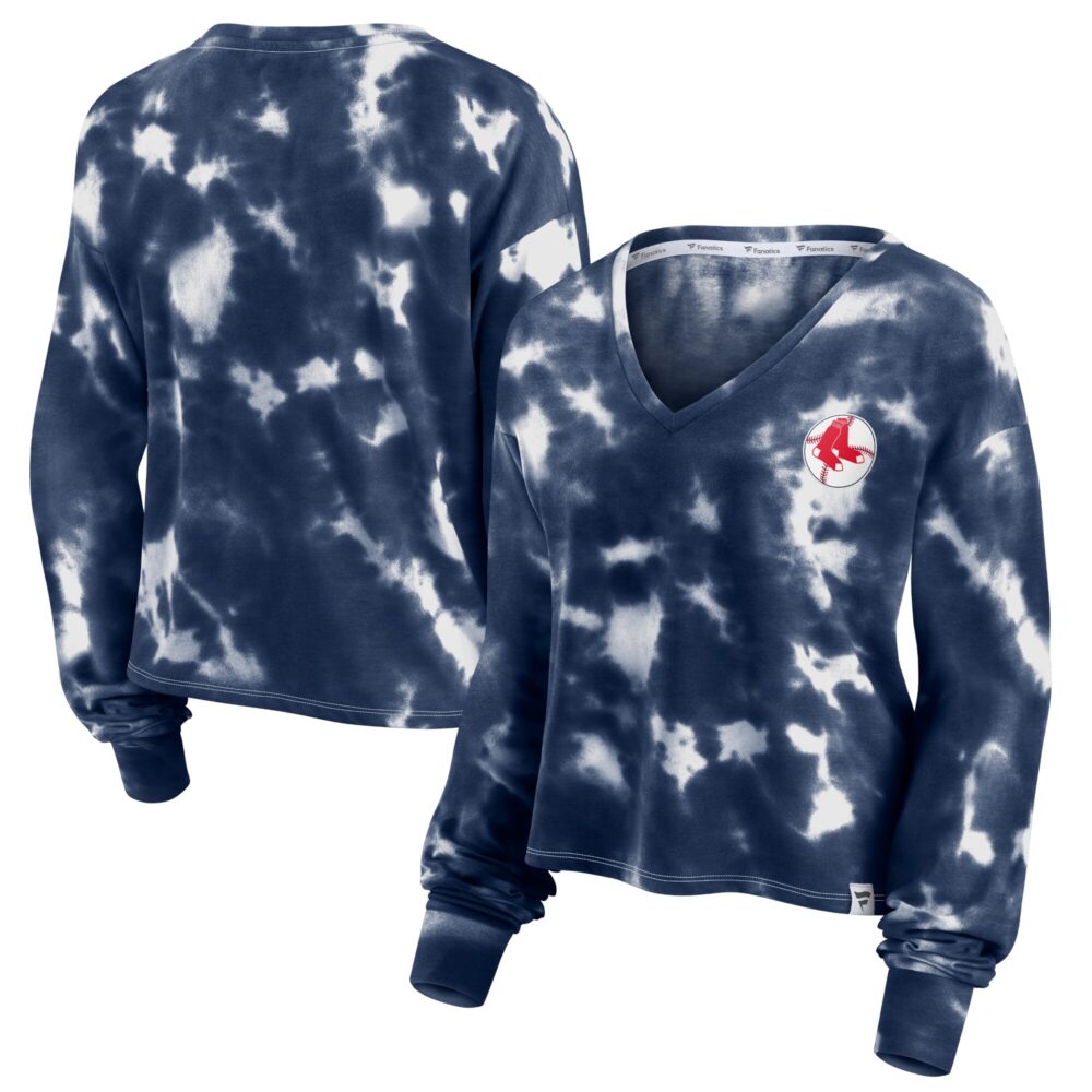 Women's Boston Red Sox  Branded White/Navy Tie-Dye V-Neck Pullover Cropped Tee