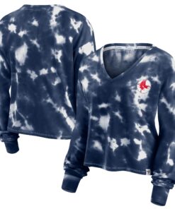 Women's Boston Red Sox  Branded White/Navy Tie-Dye V-Neck Pullover Cropped Tee