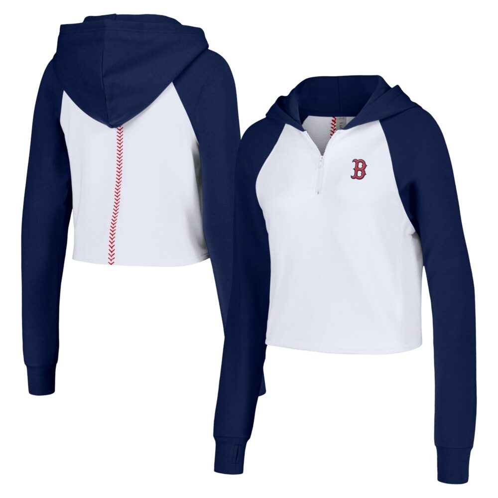 Women's Boston Red Sox Lusso White Jane Raglan Quarter-Zip Tri-Blend Cropped Pullover Hoodie