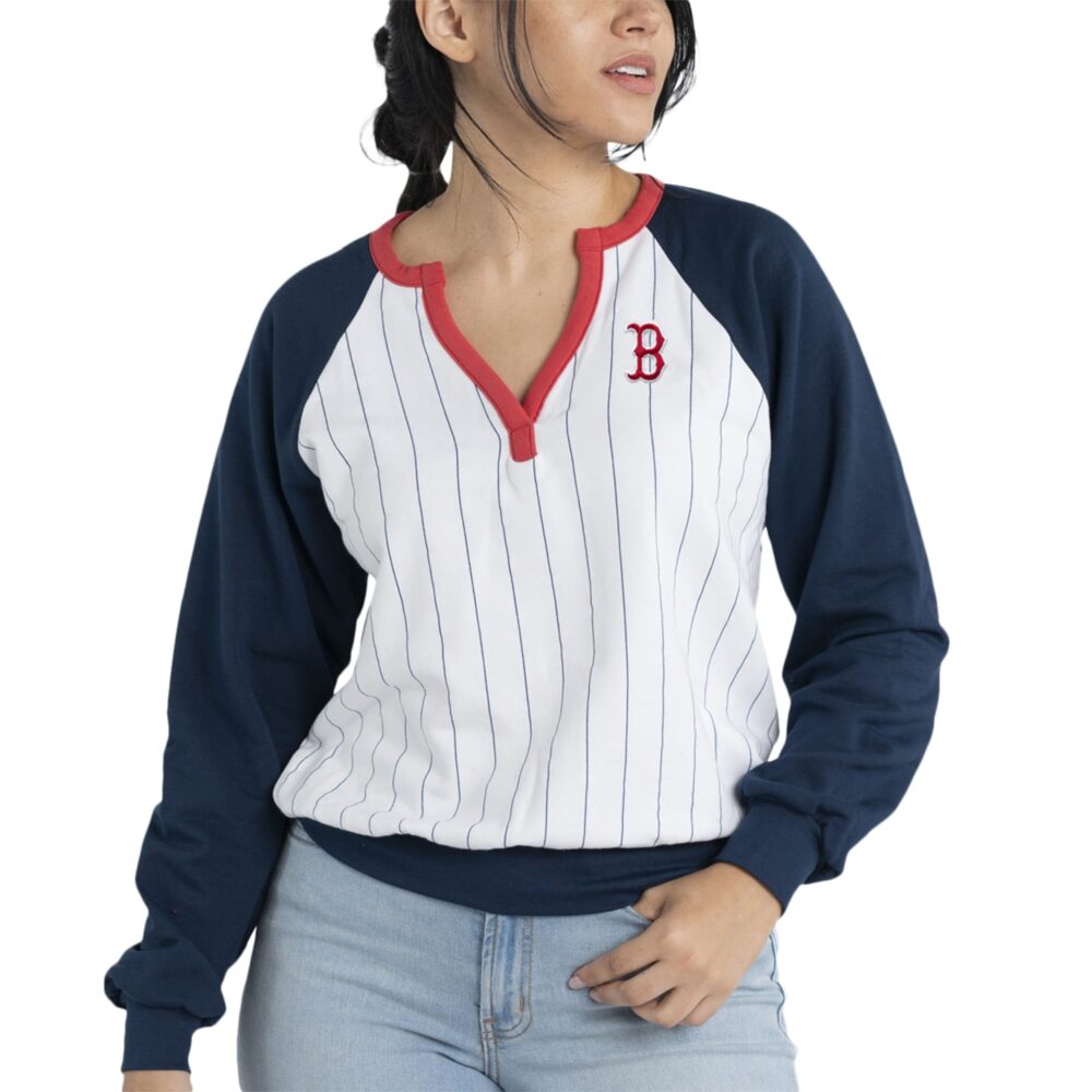 Women's Boston Red Sox Lusso White/Navy Mack Fleece V-Neck Pullover Top