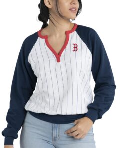 Women's Boston Red Sox Lusso White/Navy Mack Fleece V-Neck Pullover Top