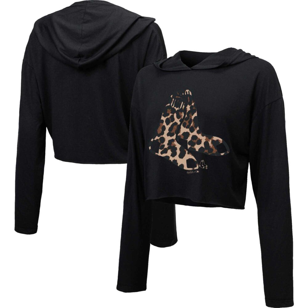 Women's Boston Red Sox Majestic Threads Black Leopard Cropped Hoodie