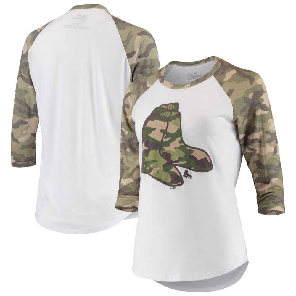Women's Boston Red Sox Majestic Threads White/Camo Raglan 3/4-Sleeve T-Shirt