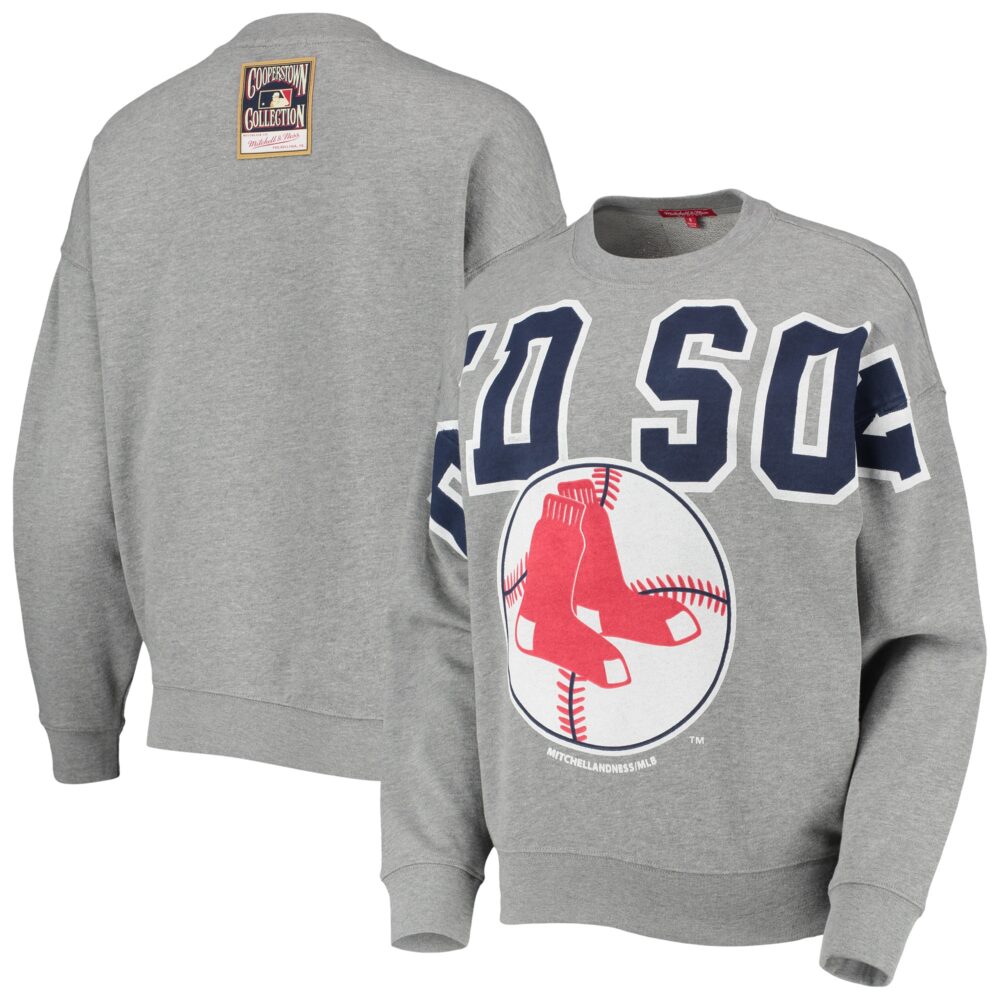 Women's Boston Red Sox Mitchell & Ness Heathered Gray Cooperstown Collection Logo Lightweight Pullover Sweatshirt