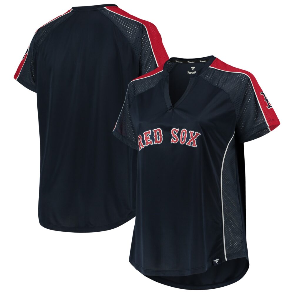 Women's Boston Red Sox Navy Plus Size Diva Notch Neck Raglan T-Shirt