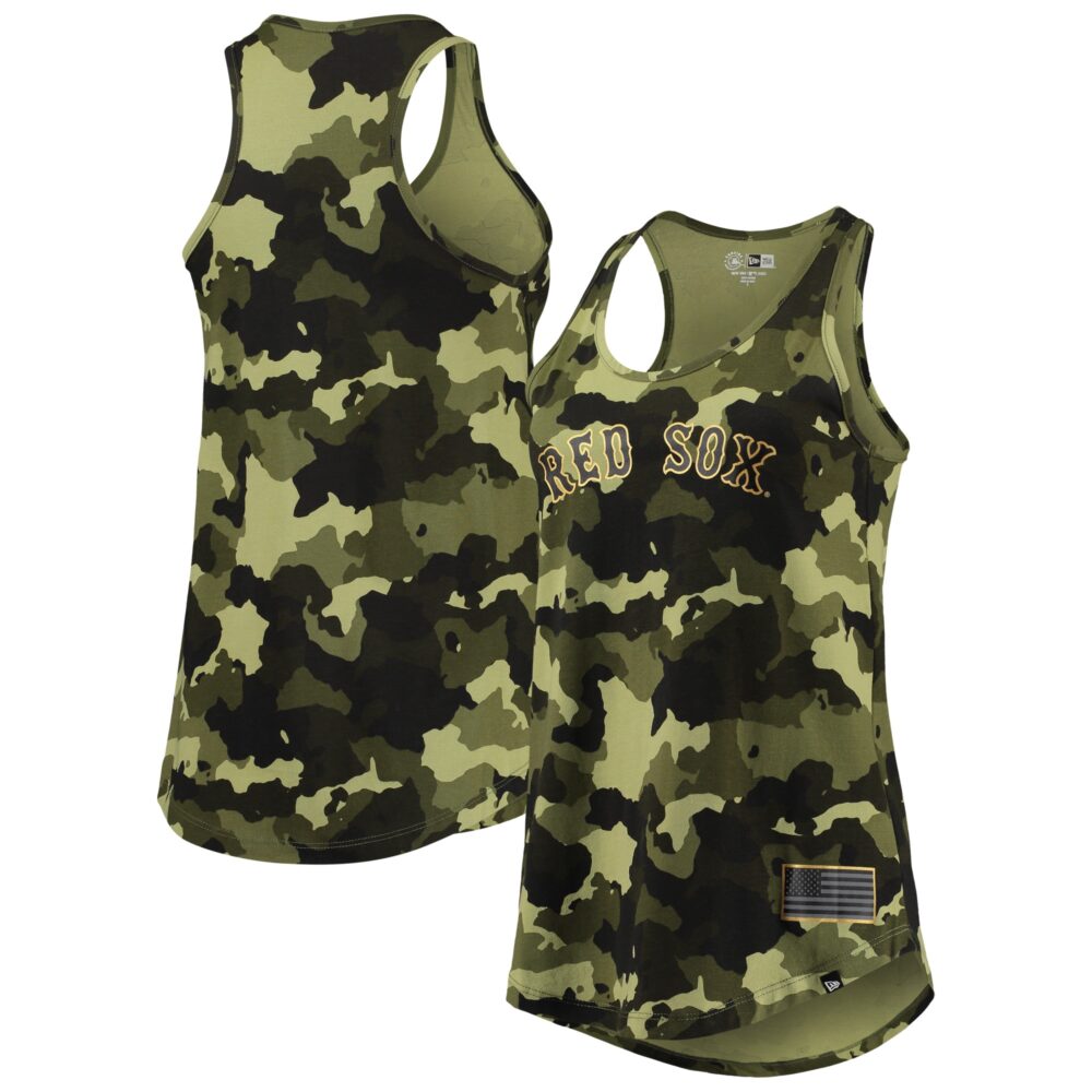 Women's Boston Red Sox New Era Green 2022 MLB Armed Forces Day Camo Racerback Tank Top