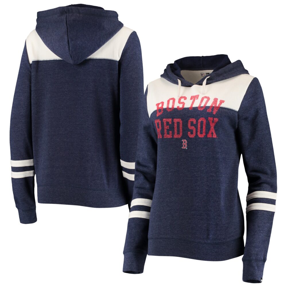 Women's Boston Red Sox New Era Heathered Navy/White Colorblock Tri-Blend Pullover Hoodie