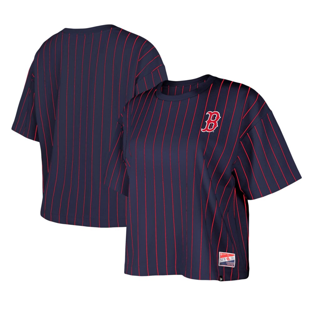 Women's Boston Red Sox New Era Navy Boxy Pinstripe T-Shirt
