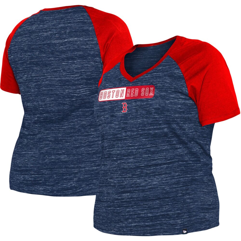 Women's Boston Red Sox New Era Navy Plus Size Space Dye Raglan V-Neck T-Shirt