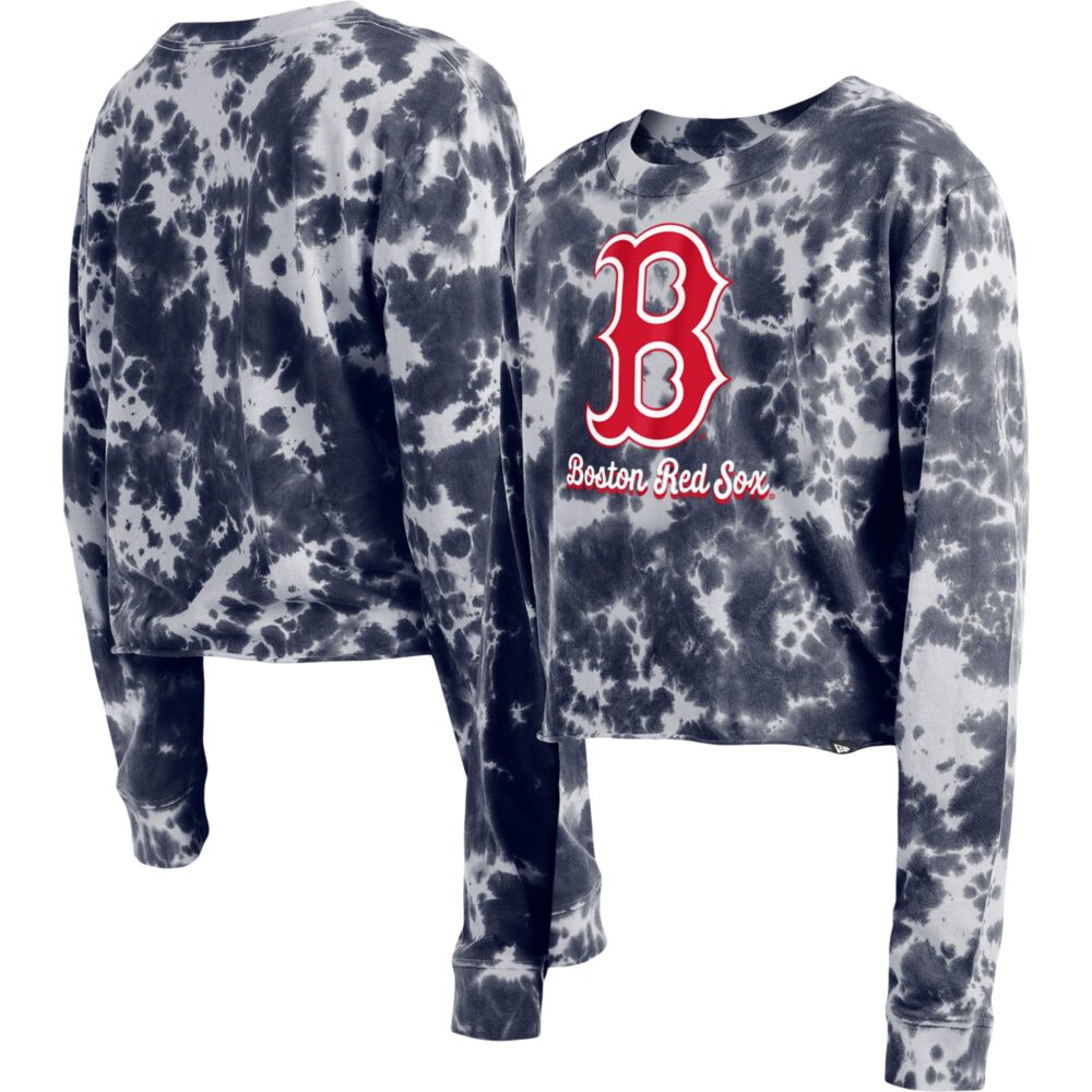 Women's Boston Red Sox New Era Navy Tie-Dye Cropped Long Sleeve T-Shirt