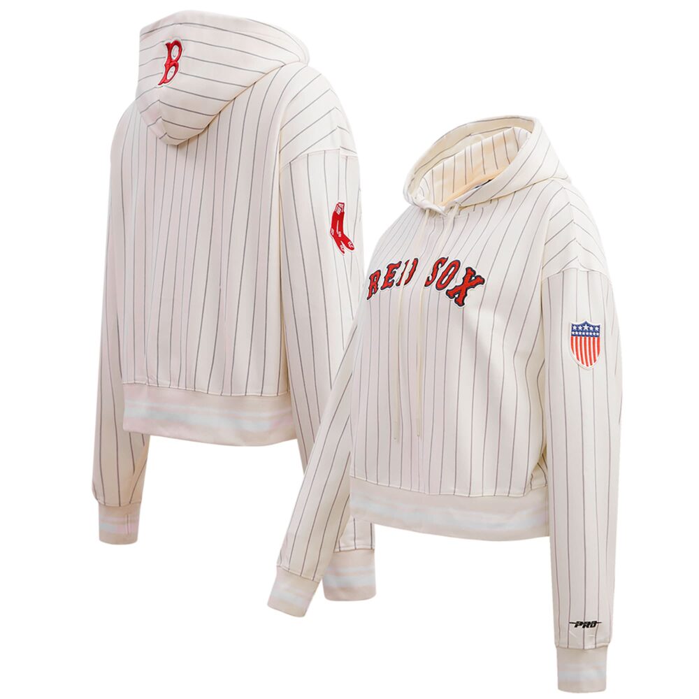 Women's Boston Red Sox Pro Standard Cream Pinstripe Retro Classic Cropped Pullover Hoodie