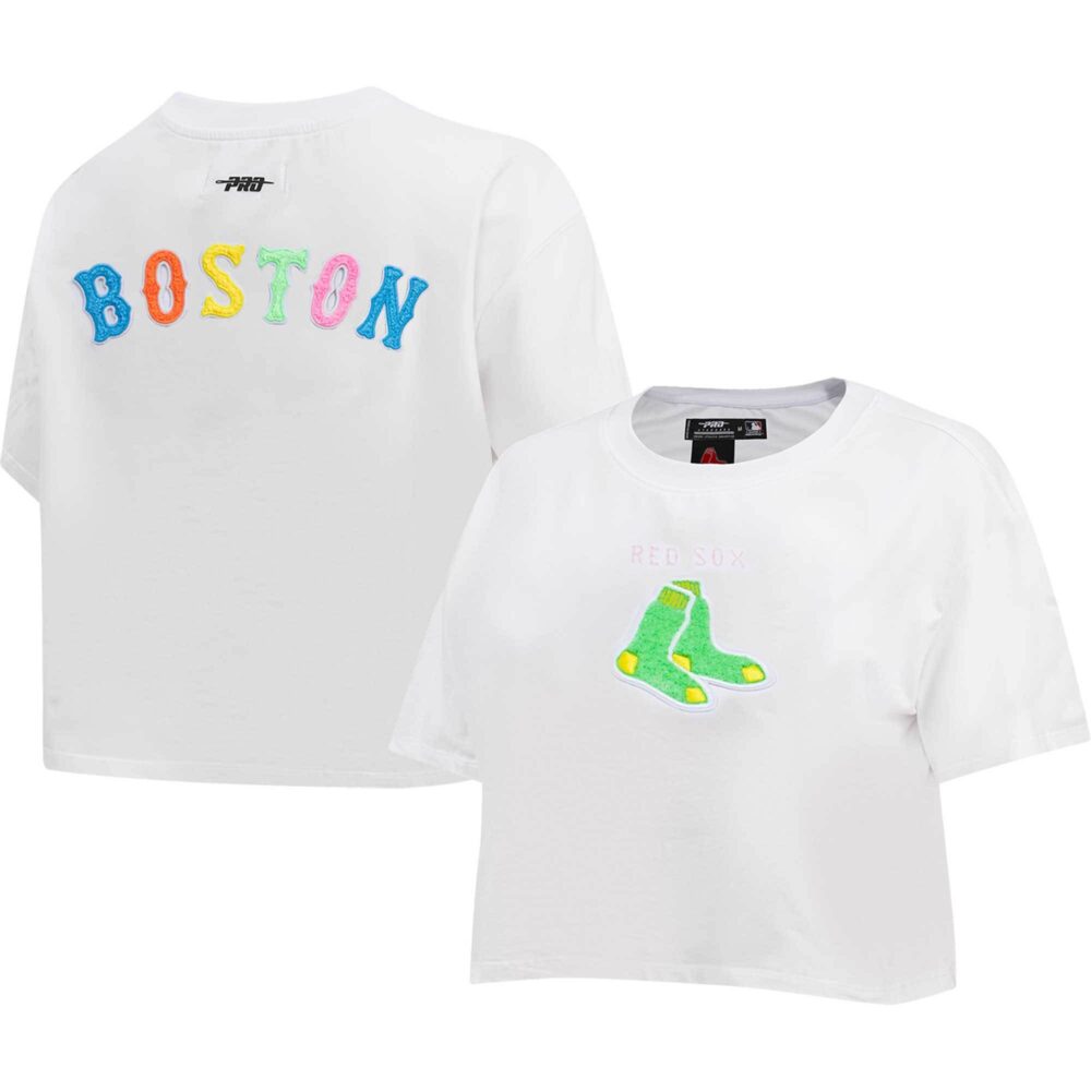 Women's Boston Red Sox Pro Standard White Washed Neon Cropped Boxy T-Shirt