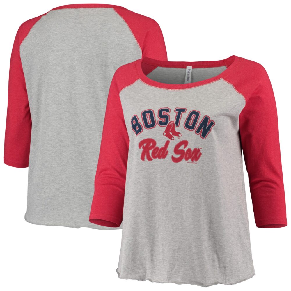 Women's Boston Red Sox Soft as a Grape Heathered Gray/Red Plus Size Baseball Raglan 3/4-Sleeve T-Shirt