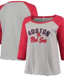 Women's Boston Red Sox Soft as a Grape Heathered Gray/Red Plus Size Baseball Raglan 3/4-Sleeve T-Shirt