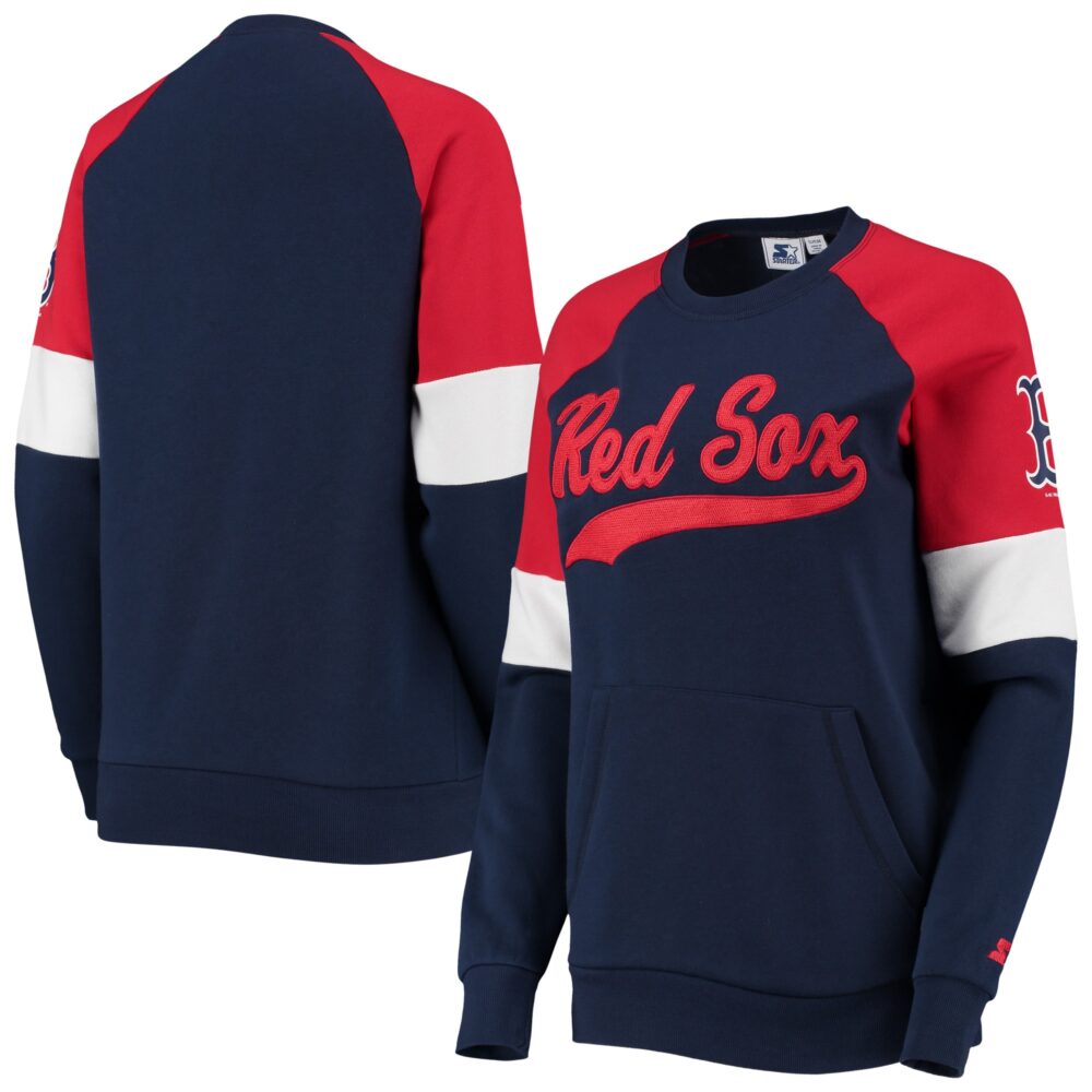 Women's Boston Red Sox Starter Navy/Red Playmaker Raglan Pullover Sweatshirt