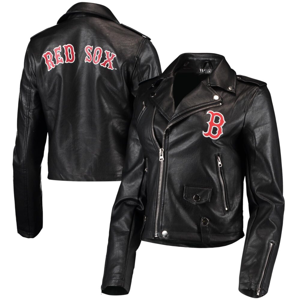 Women's Boston Red Sox The Wild Collective Black Faux Leather Moto Full-Zip Jacket
