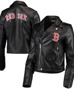 Women's Boston Red Sox The Wild Collective Black Faux Leather Moto Full-Zip Jacket