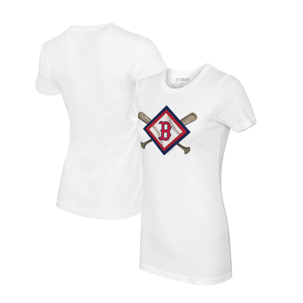 Women's Boston Red Sox Tiny Turnip White Diamond Cross Bats T-Shirt