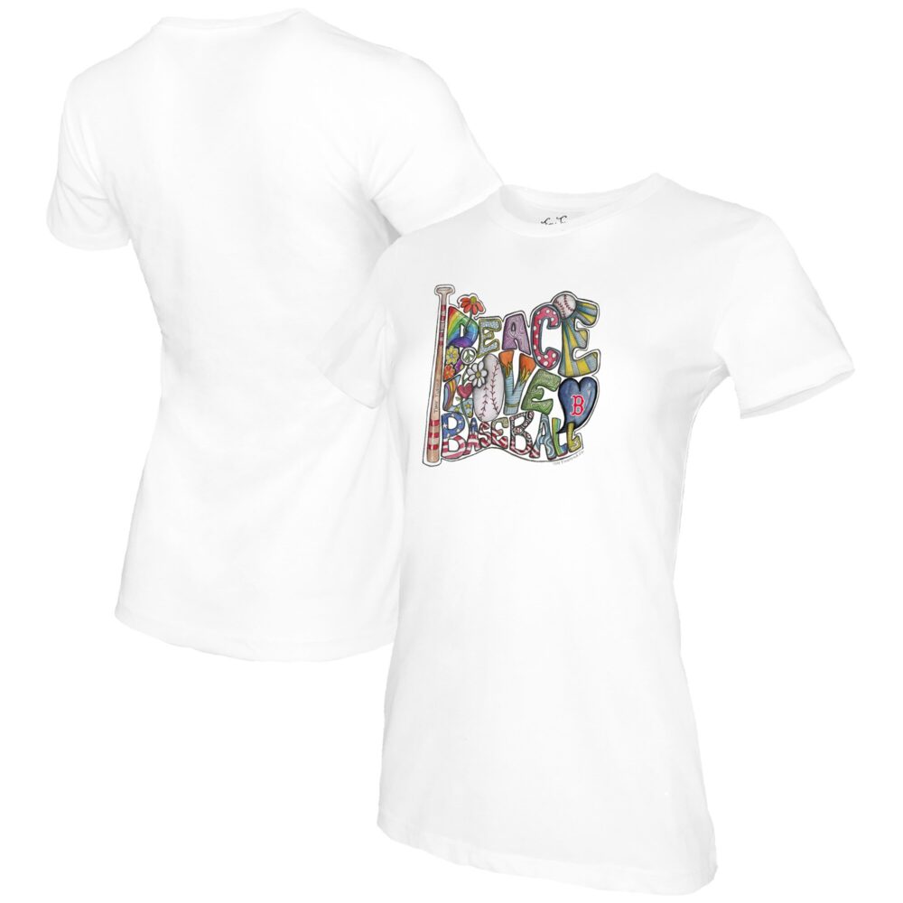 Women's Boston Red Sox Tiny Turnip White Peace Love Baseball T-Shirt