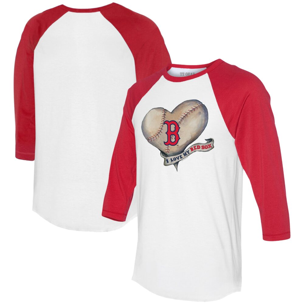Women's Boston Red Sox  Tiny Turnip White/Red Heart Banner 3/4-Sleeve Raglan T-Shirt