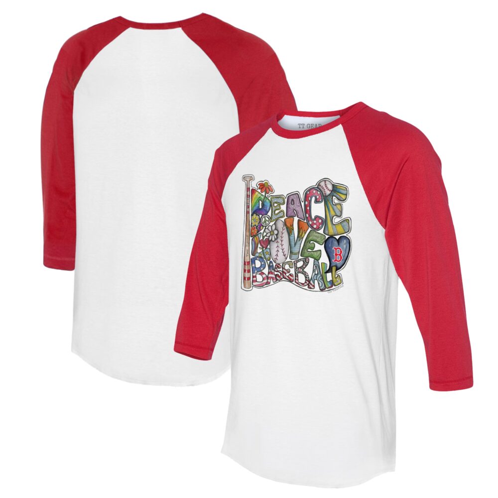 Women's Boston Red Sox Tiny Turnip White/Red Peace Love Baseball 3/4-Sleeve Raglan T-Shirt