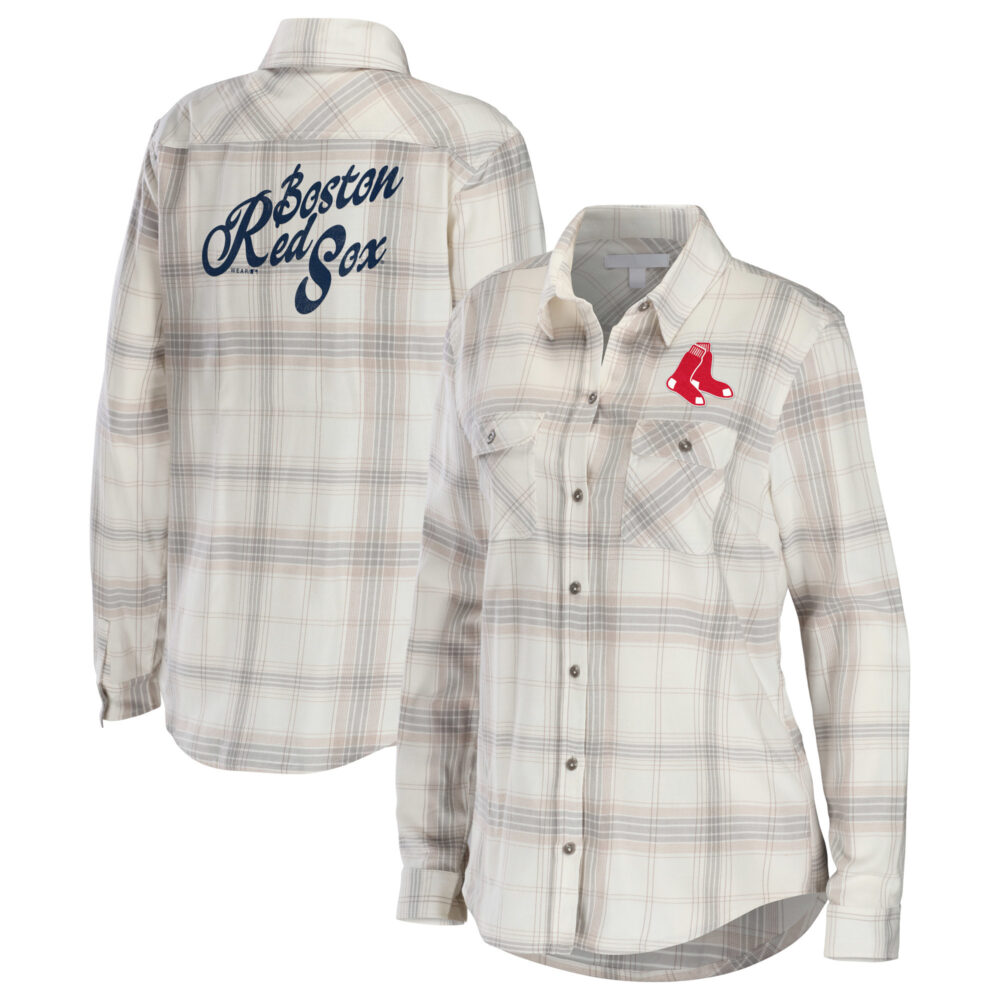 Women's Boston Red Sox WEAR by Erin Andrews Gray/Cream Flannel Button-Up Shirt