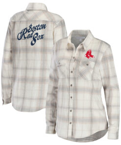 Women's Boston Red Sox WEAR by Erin Andrews Gray/Cream Flannel Button-Up Shirt
