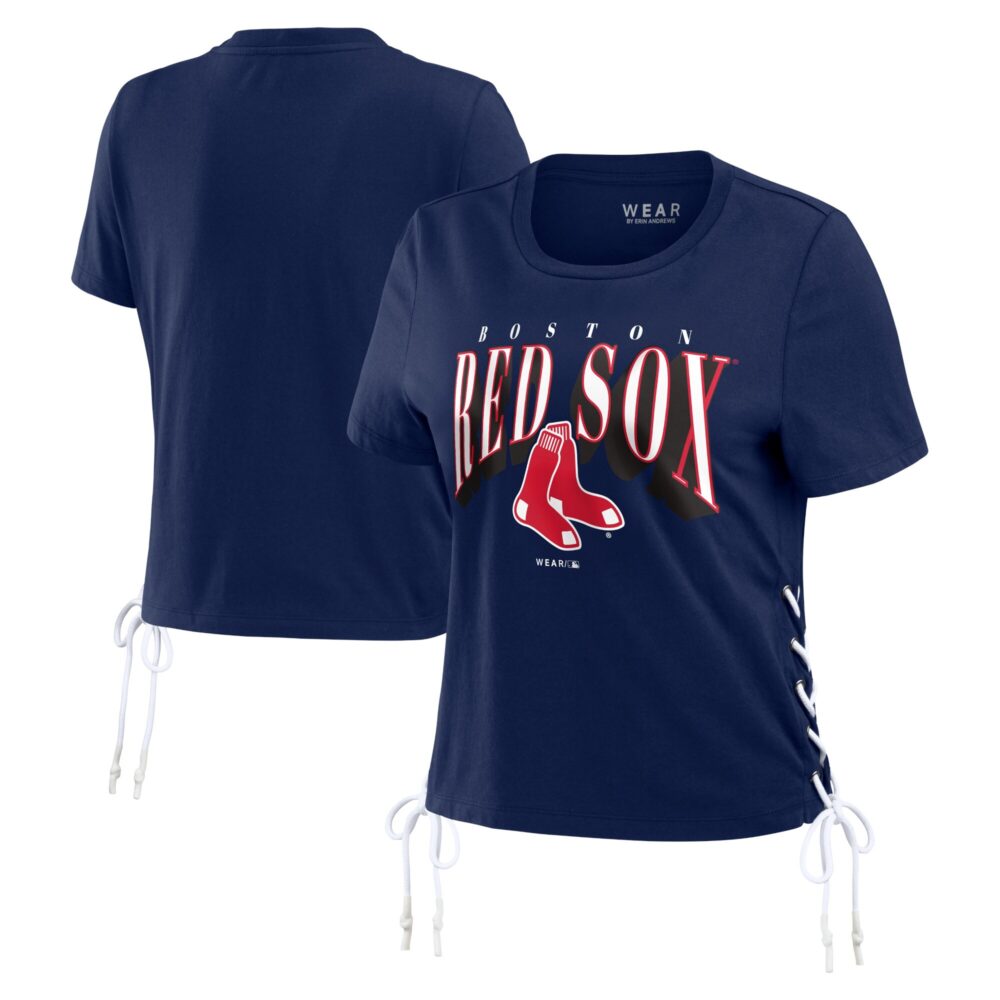Women's Boston Red Sox WEAR by Erin Andrews Navy Side Lace-Up Cropped T-Shirt