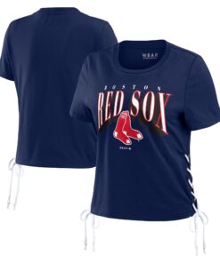 Women's Boston Red Sox WEAR by Erin Andrews Navy Side Lace-Up Cropped T-Shirt
