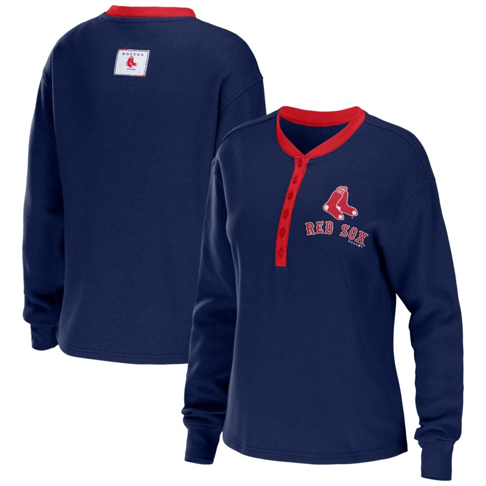 Women's Boston Red Sox WEAR by Erin Andrews Navy Waffle Henley Long Sleeve T-Shirt