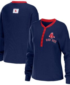 Women's Boston Red Sox WEAR by Erin Andrews Navy Waffle Henley Long Sleeve T-Shirt