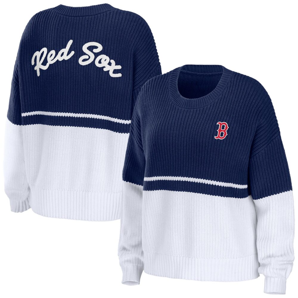 Women's Boston Red Sox WEAR by Erin Andrews Navy/White Chunky Pullover Sweatshirt