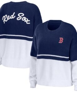 Women's Boston Red Sox WEAR by Erin Andrews Navy/White Chunky Pullover Sweatshirt