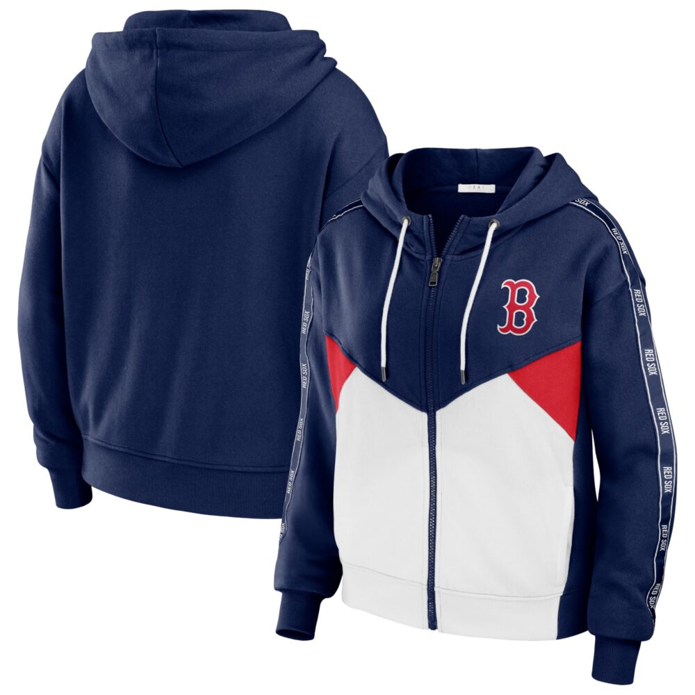 Women's Boston Red Sox WEAR by Erin Andrews Navy/White  Color Block Full-Zip Hoodie
