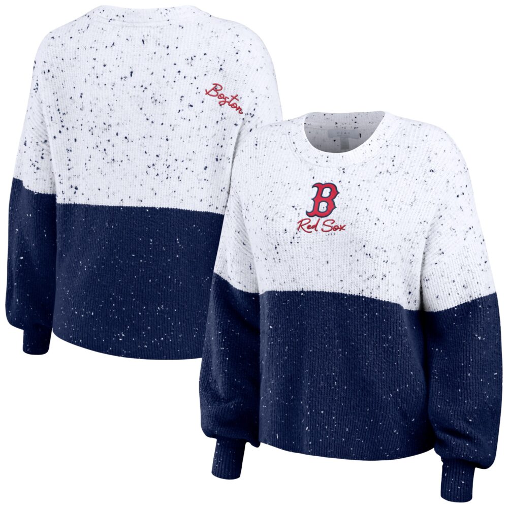 Women's Boston Red Sox WEAR by Erin Andrews White/Navy Color Block Script Pullover Sweater