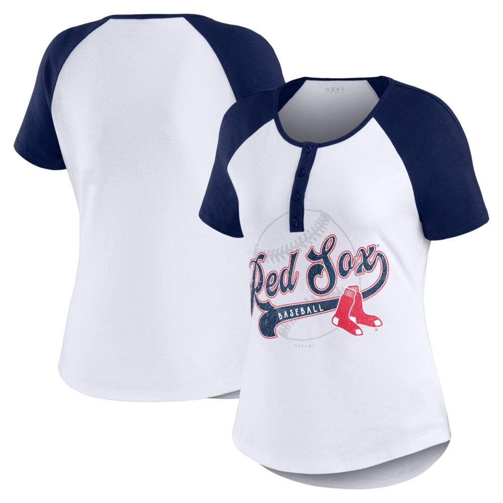 Women's Boston Red Sox WEAR by Erin Andrews White/Navy Henley Raglan T-Shirt