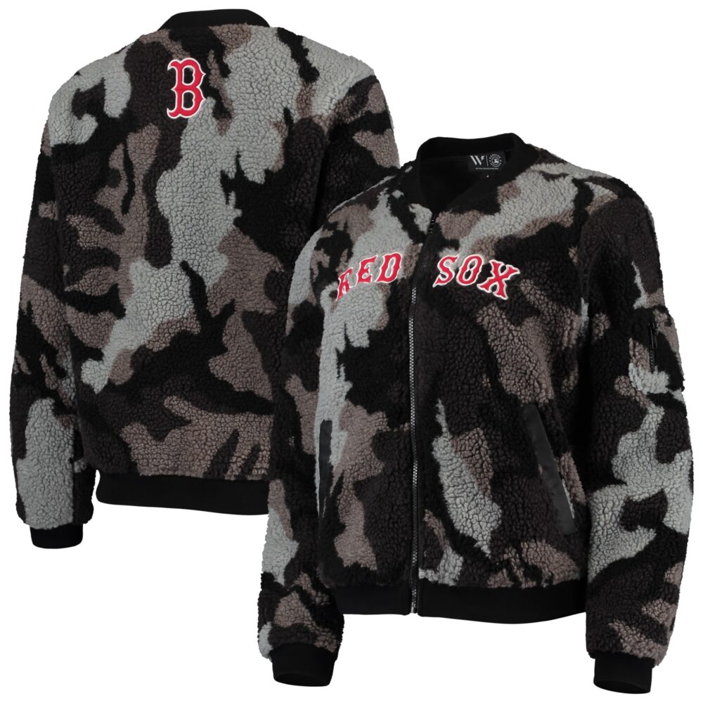Women's The Wild Collective Boston Red Sox Black Camo Sherpa Full-Zip Bomber Jacket