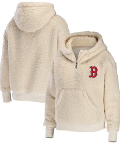 Women's WEAR by Erin Andrews Cream Boston Red Sox Plus Size Sherpa Quarter-Zip Hoodie