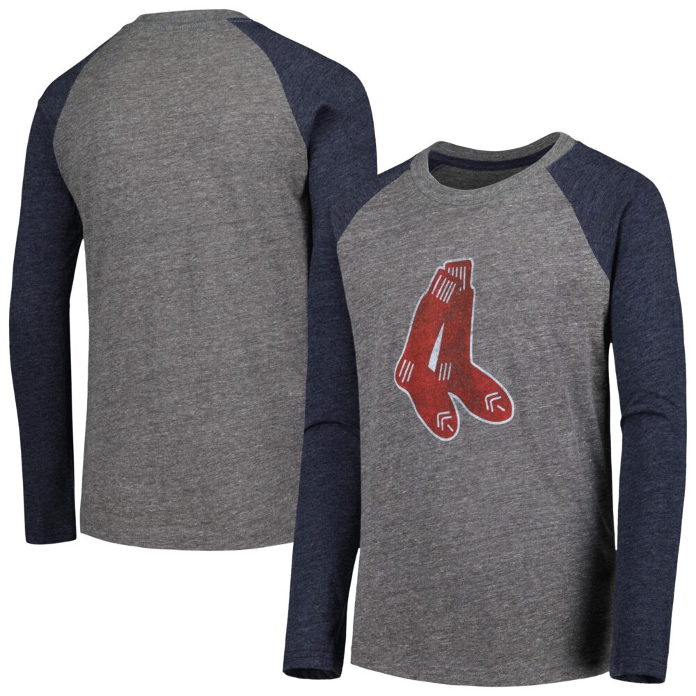 Youth Boston Red Sox Heather Charcoal/Heather Navy Cooperstown Collection Raglan Tri-Blend Long Sleeve T-Shirt
