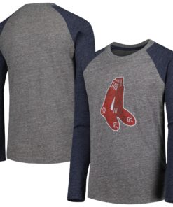 Youth Boston Red Sox Heather Charcoal/Heather Navy Cooperstown Collection Raglan Tri-Blend Long Sleeve T-Shirt