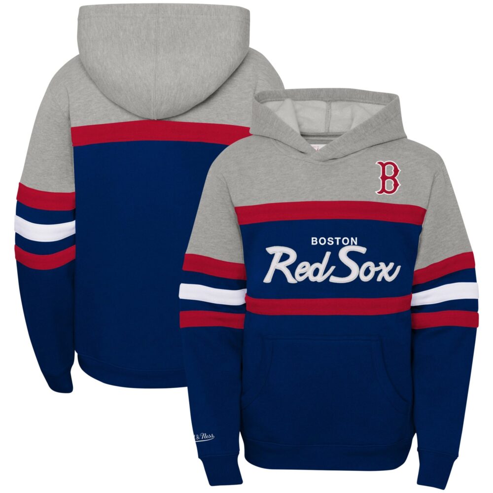 Youth Boston Red Sox Mitchell & Ness Heather Gray/Navy Cooperstown Collection Head Coach Pullover Hoodie
