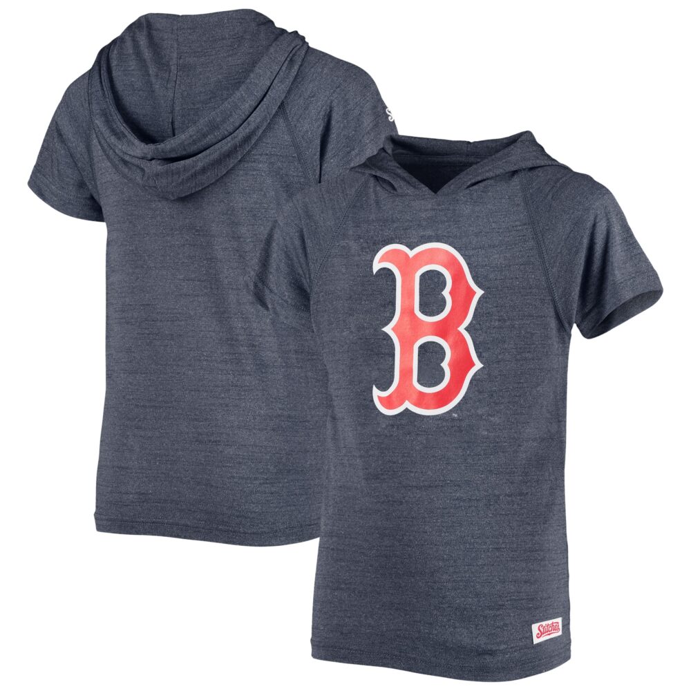Youth Boston Red Sox Stitches Heathered Navy Raglan Short Sleeve Pullover Hoodie
