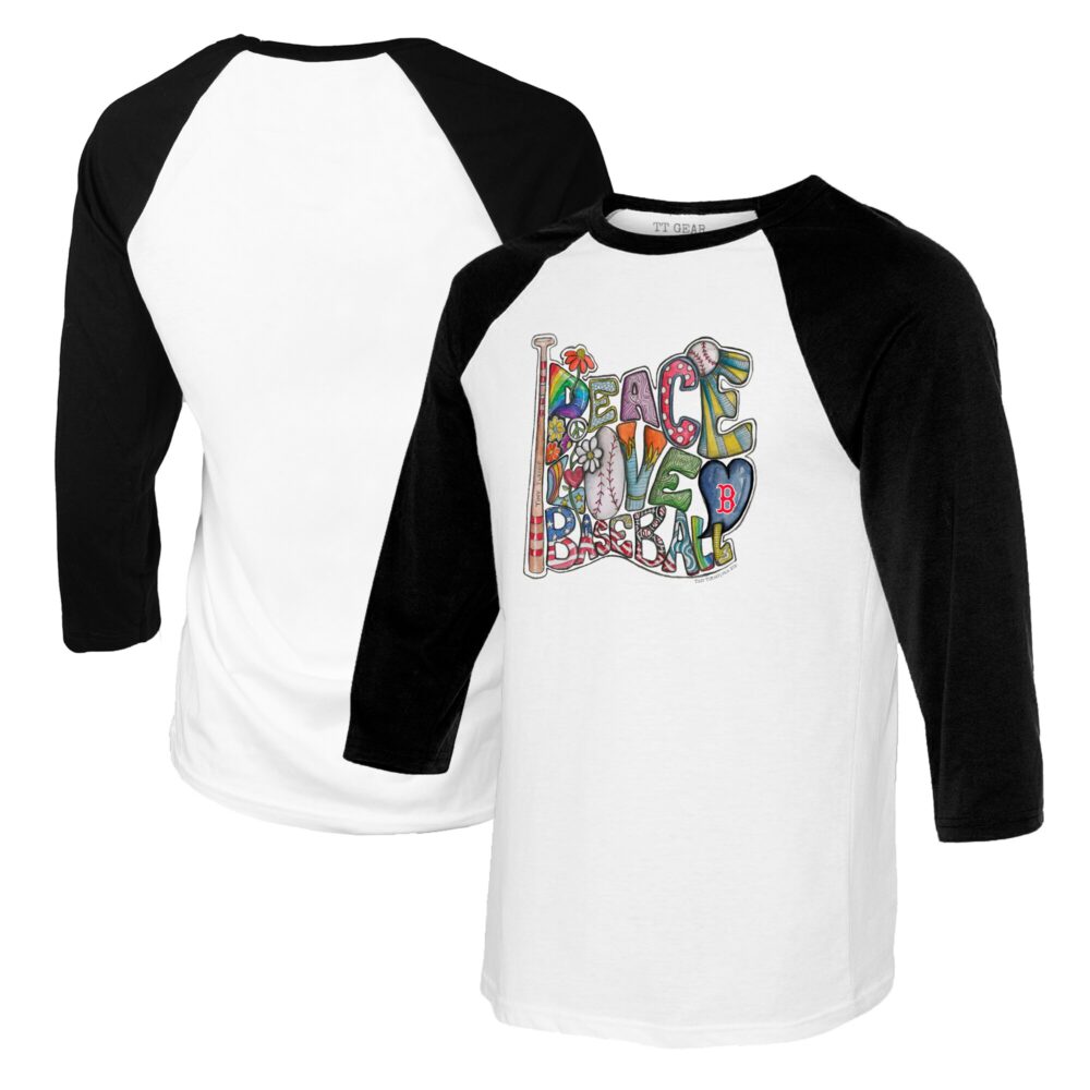 Youth Boston Red Sox Tiny Turnip White/Black Peace Love Baseball Raglan 3/4 Sleeve T-Shirt
