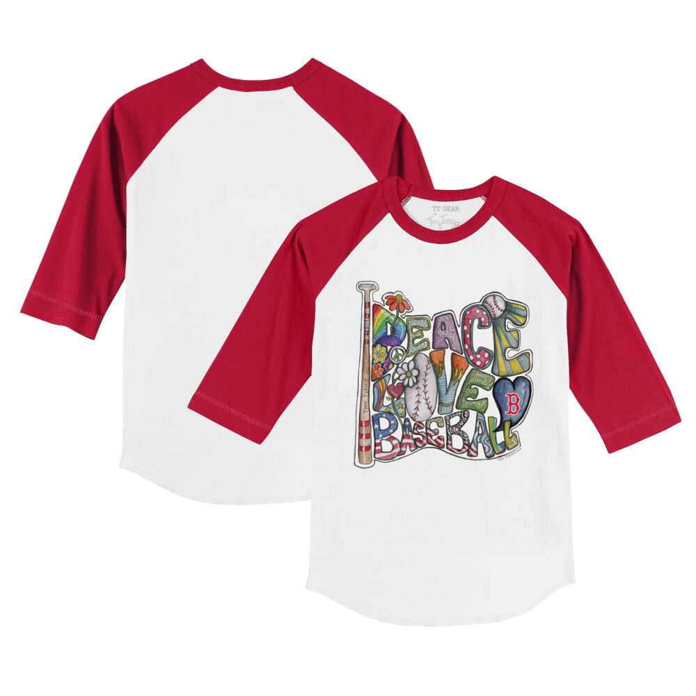 Youth Boston Red Sox Tiny Turnip White/Red Peace Love Baseball 3/4-Sleeve Raglan T-Shirt